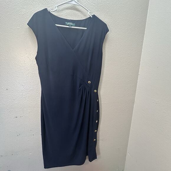 Lauren Ralph Lauren Midi Faux Wrap Dress Gold Buttons Career Jersey Cocktail 12 - Picture 1 of 6